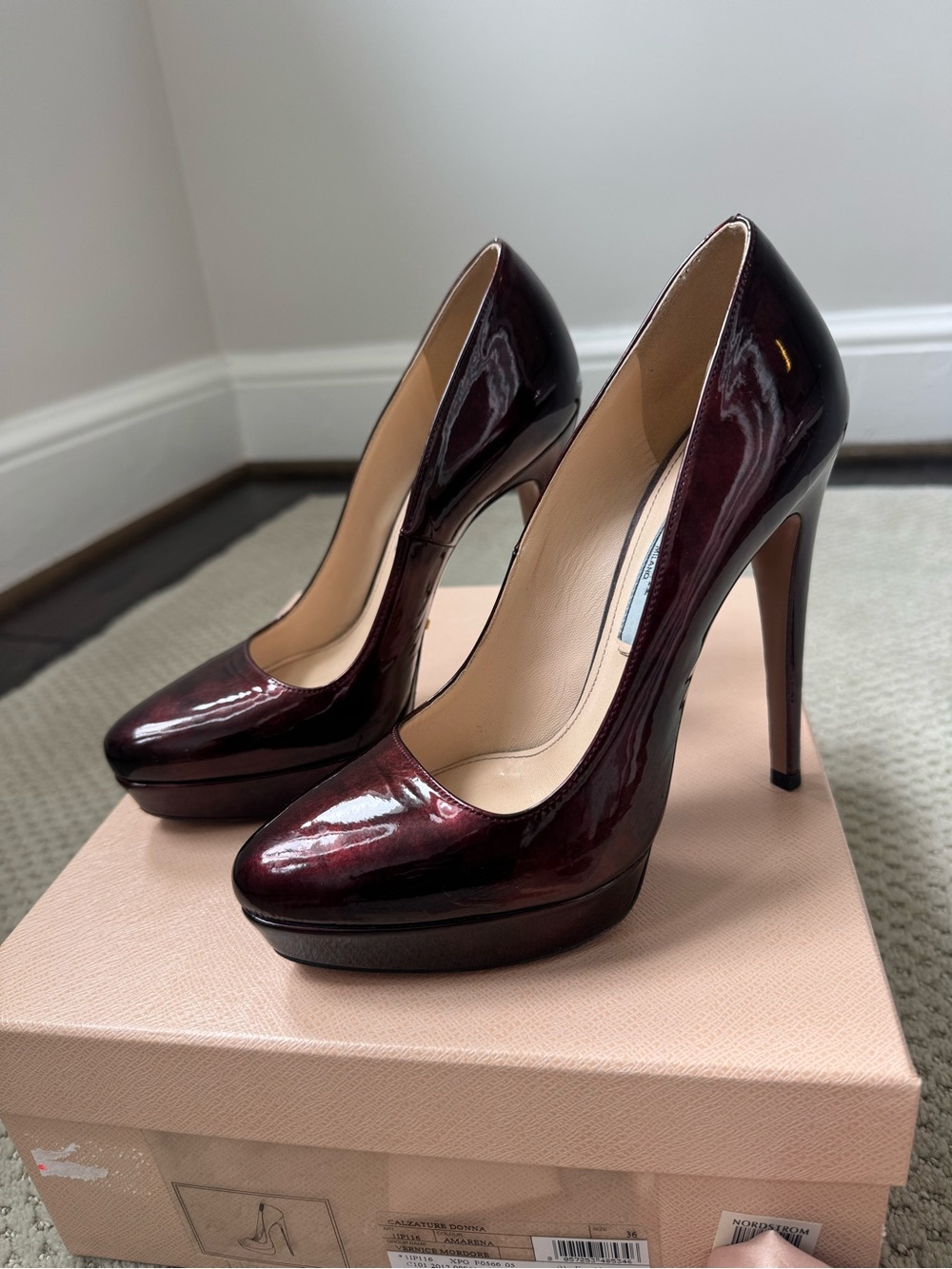 Prada Vernice Mordore Amarena Wine Platform Pumps 36